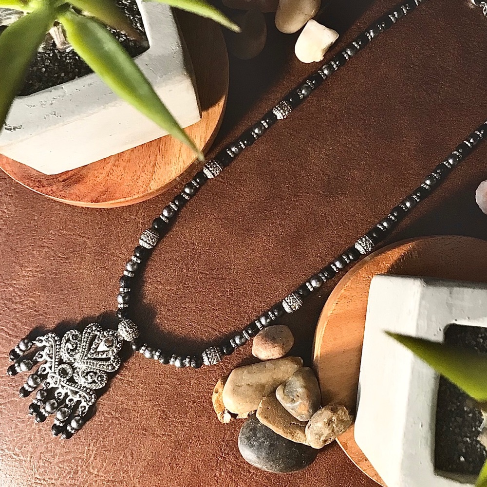 Black and Silver Beaded Abstract Boho Necklace